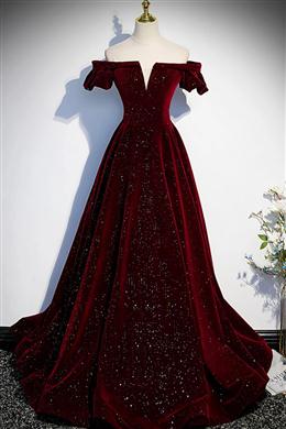 Picture of Wine Red Color Velvet Off Shoulder Long Formal Evening Gown, Wine Red Color Prom Dress